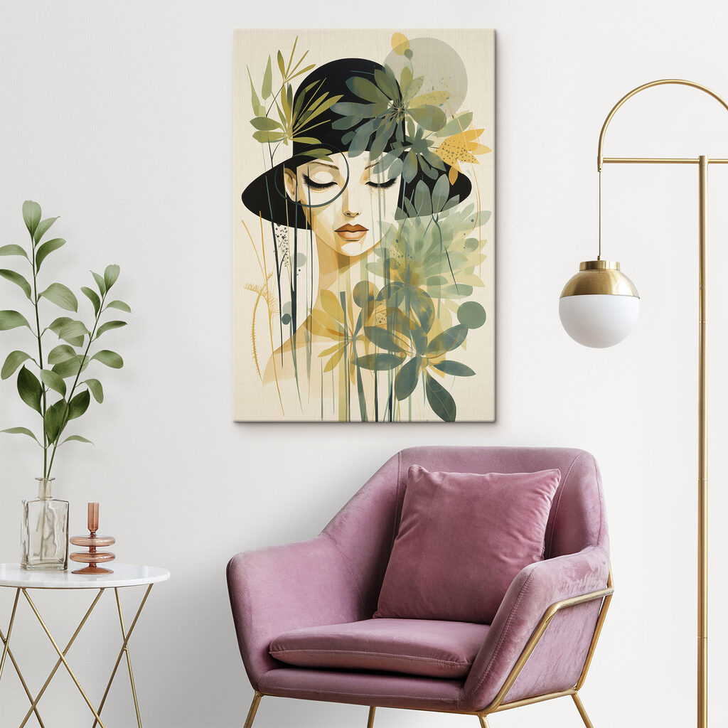 Woman with black hat and green leaves