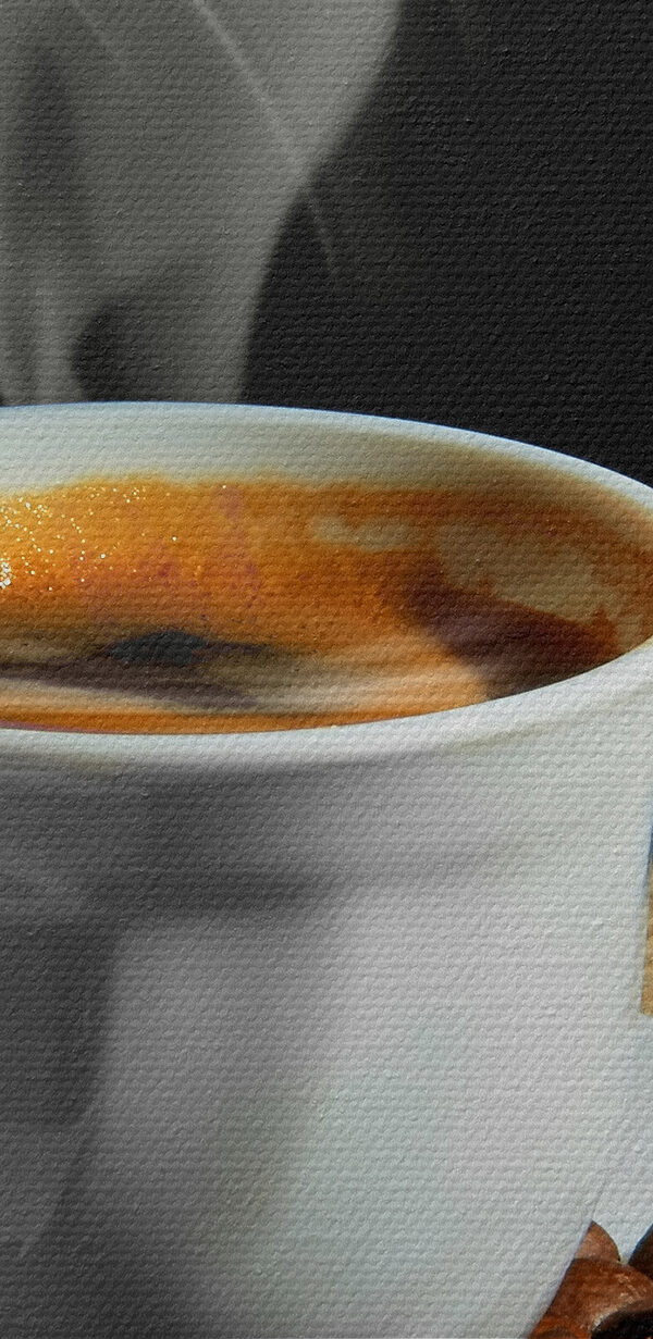 A cup of coffee with smoke on a saucer and beans A cup of coffee with smoke on a saucer and beans