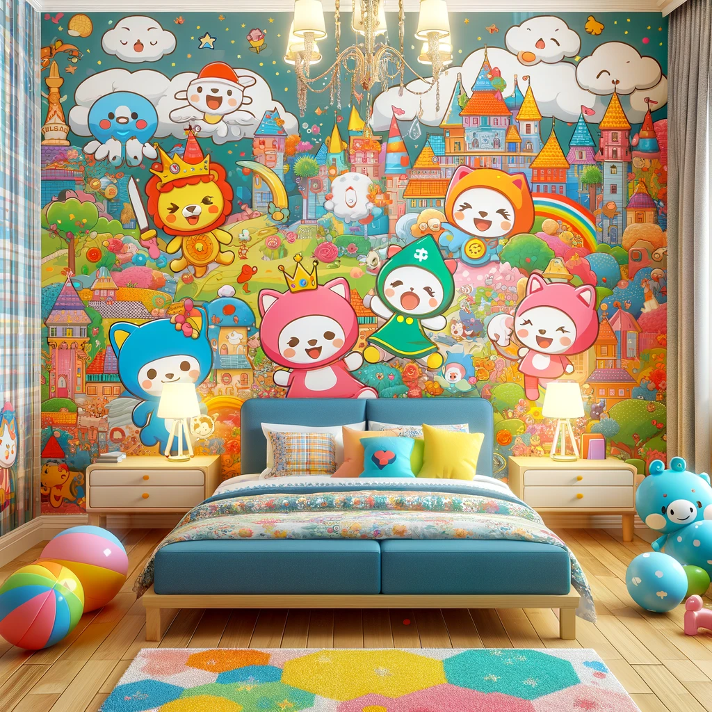 Une chambre d'enfants vibrante avec du papier peint sur le thème des dessins animés
