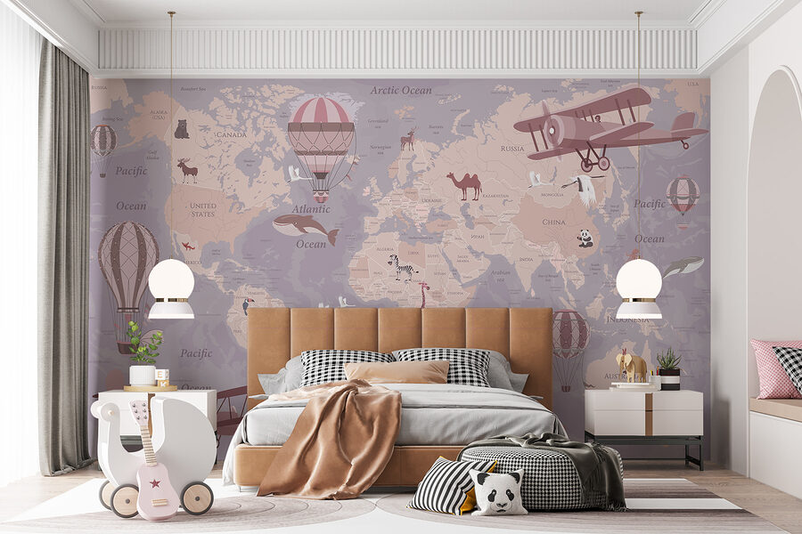 Une carte du monde avec des avions et des montgolfières