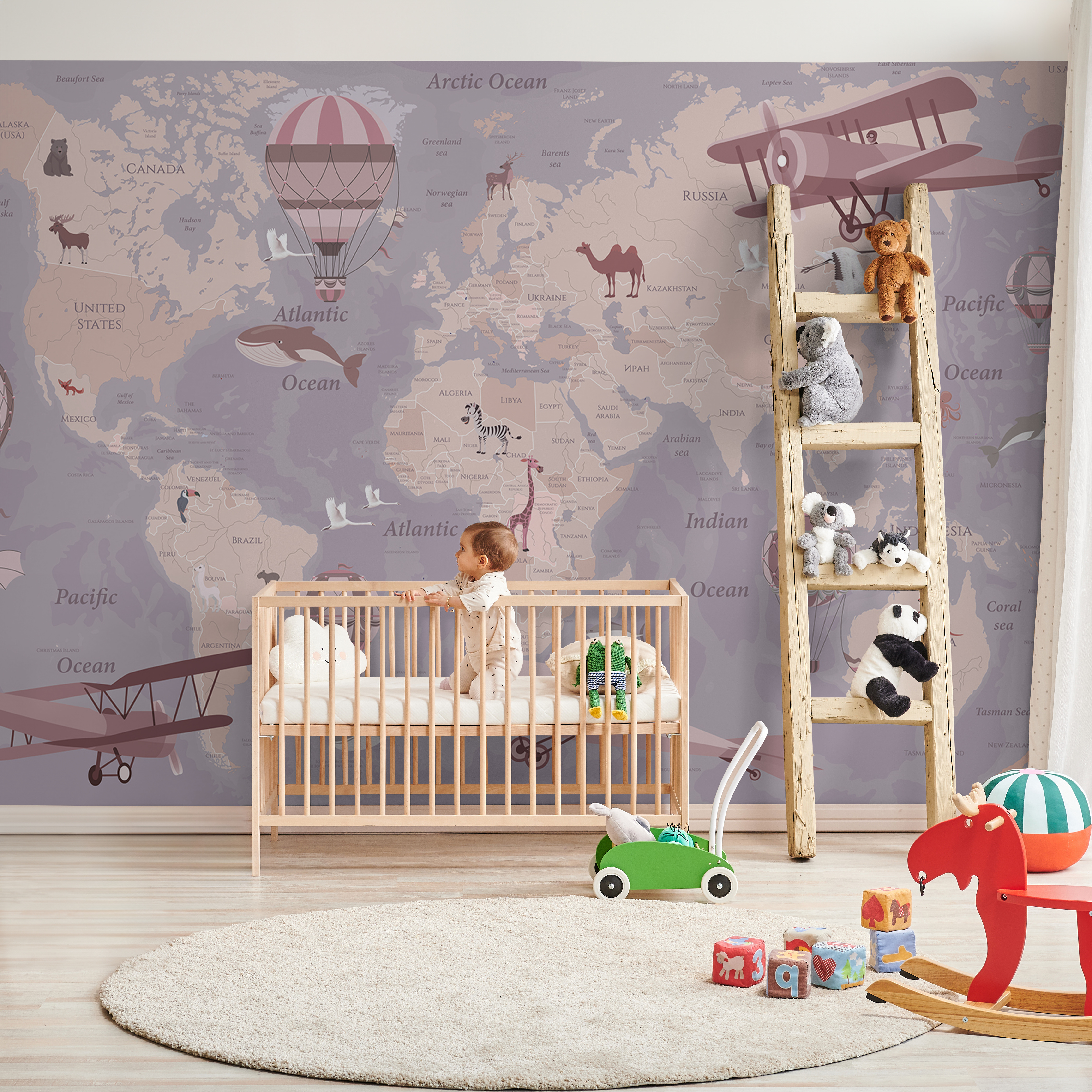 A map of the world with airplanes and hot air balloons