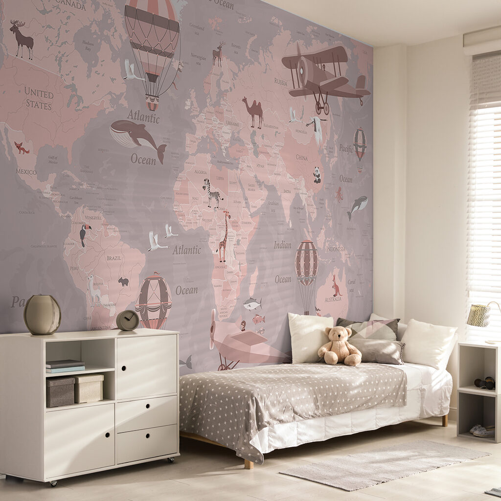 A map of the world with airplanes and hot air balloons