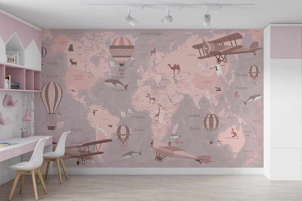 A map of the world with airplanes and hot air balloons